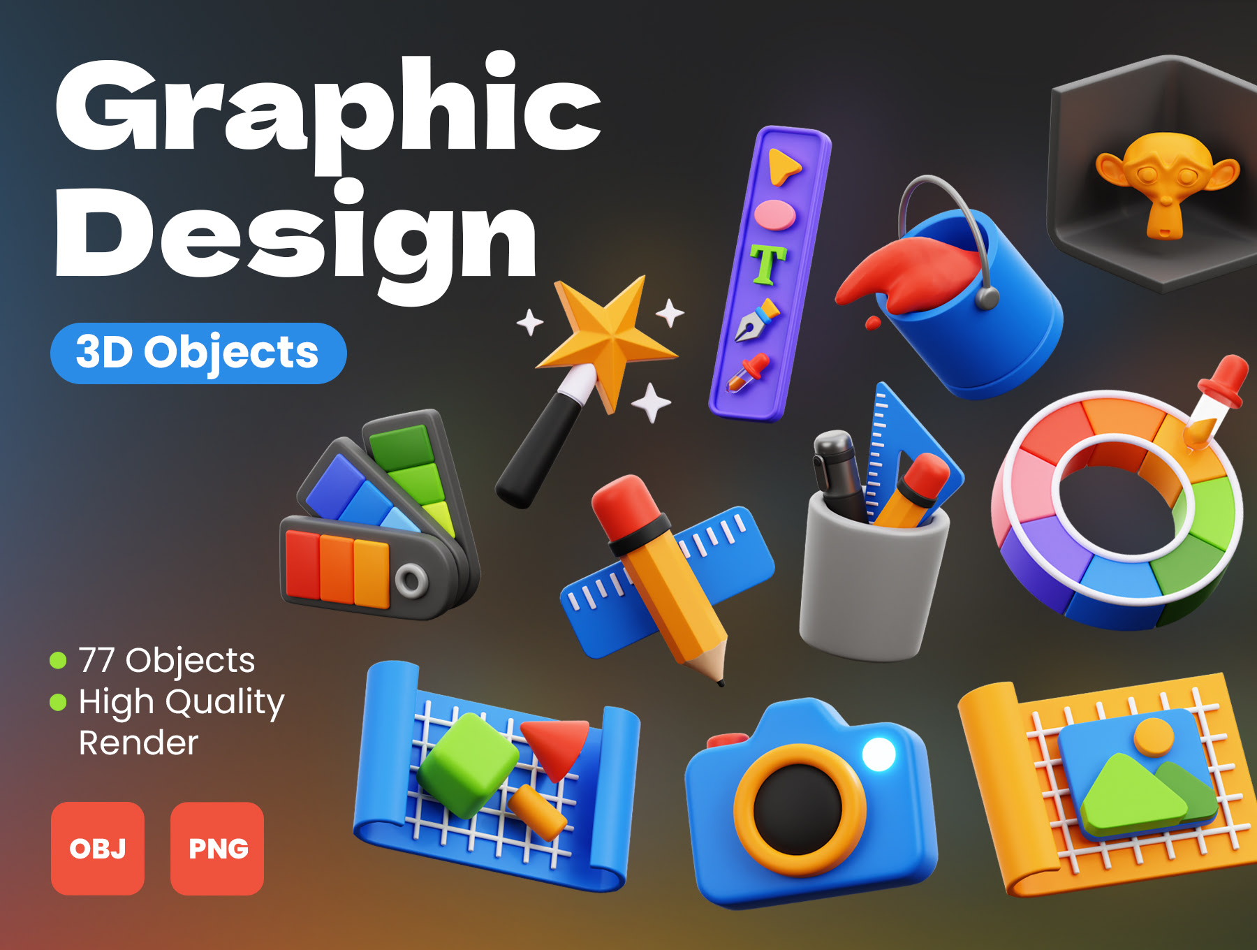 3D平面设计 3D Graphic Design png, obj, glb格式-3D/图标-到位啦UI
